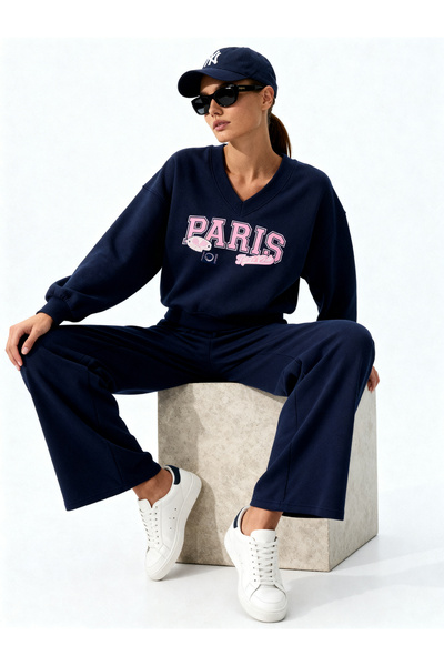 ALİKA Paris Printed V-Neck Wide-Leg Casual Stylish Top and Bottom Tracksuit Set