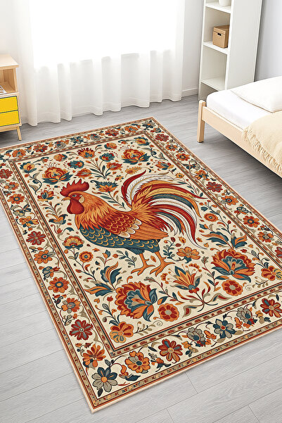 Home Canlı Renkli Horoz Temalı Yıkanabilir Kaymaz Taban Çocuk Odası Halısı