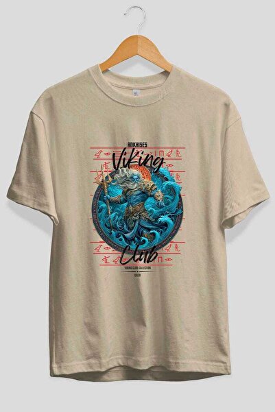 Ankhises Njord Front Printed Beige Oversize T-Shirt Men's Women's Cotton Crew...
