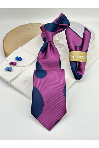 Gutiero Purple Navy Blue Polka Dot Classic Tie with Handkerchief