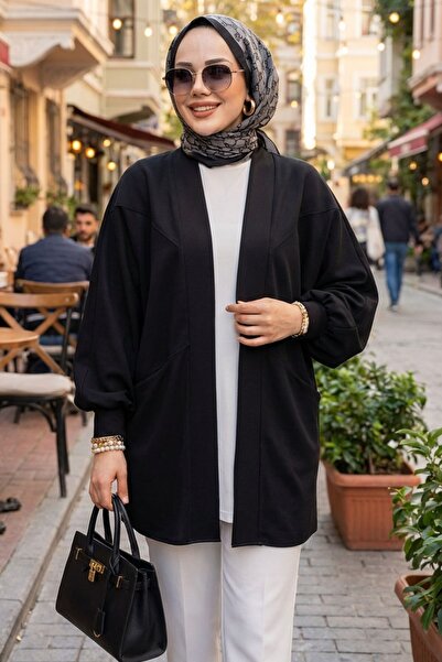 adamila Kadın Siyah Cepli Oversize Tesettür Ceket Hırka Mevsimlik Rahat Kesim...