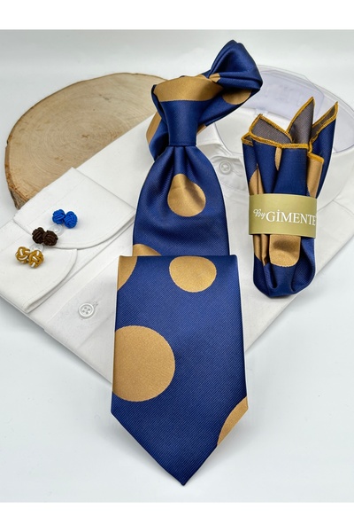 Gutiero Navy Blue Gold Polka Dot Classic Tie with Handkerchief