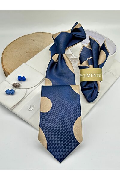 Gutiero Navy Blue Beige Polka Dot Classic Tie with Handkerchief