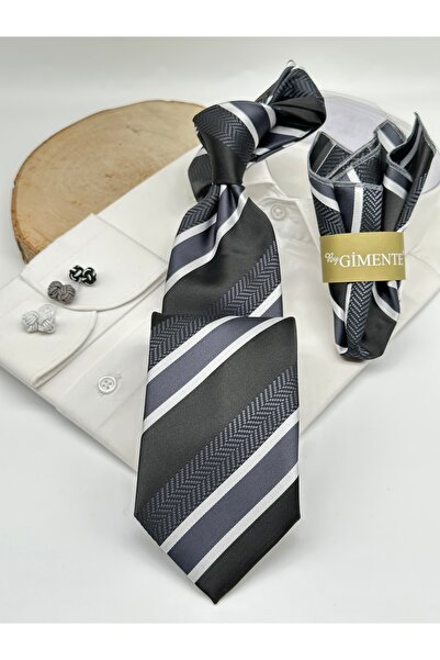 Gutiero Black and White Striped Classic Tie with Handkerchief