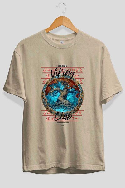 Ankhises Yggdrasil Front Printed Beige Oversize T-Shirt Men Women Cotton Crew...