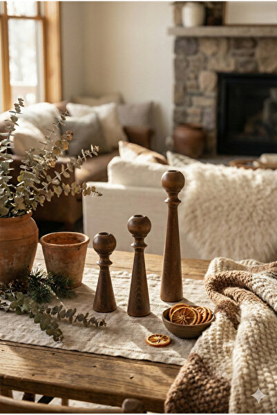 Homerest Masif Ahşap 3'lü Şamdan Seti Modern İskandinav Tasarım Dekoratif Mum...