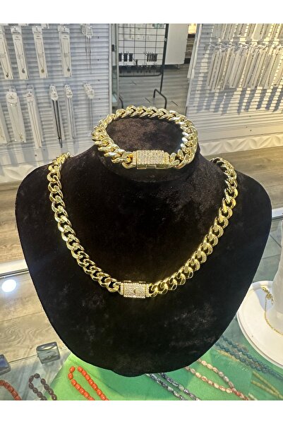 CeyCey takiaksesuar Lüks Zirkon Taşlı Gold Gurmet Zincir Kolye ve Bileklik Ta...