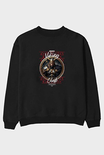 Ankhises Viking Mythology Series 21 Hanorac oversize negru imprimat în față B...