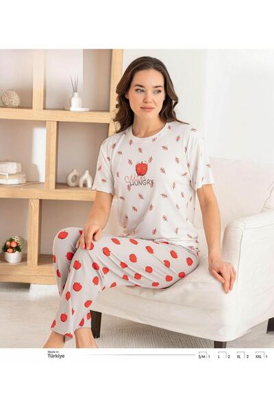 İpek Women's Short Sleeve Crew Neck Leaf-Apple Pattern Modal Ribbed Pajama Set