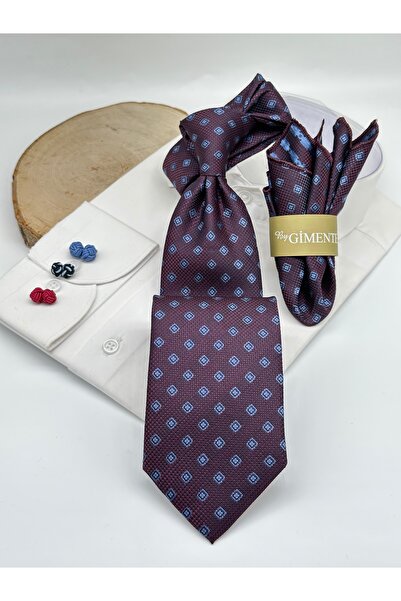 Gutiero Claret Red Patterned Classic Tie with Handkerchief