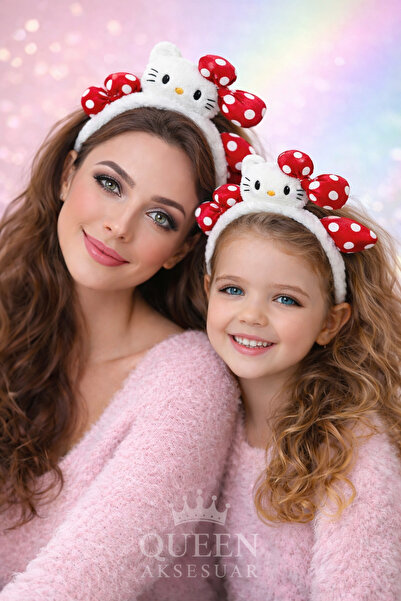 QUEEN AKSESUAR Hello Kitty Tiara pufoasă de pluș 3D pentru copii, cu fundă ro...