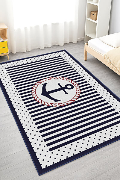 Home Çizgili ve Dots Desenli Mavi Deniz Temalı Yıkanabilir Kaymaz Taban Halı