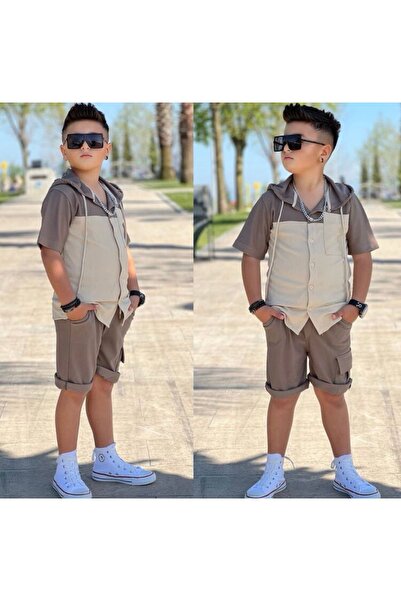 Babili 🤎   Boy's Brown Beige Hooded Shorts Set