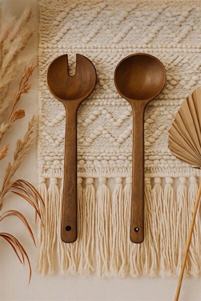 GLAMZE 2'li Akasya Servis Kaşığı ve Servis Çatalı Seti - Salata Servis Seti