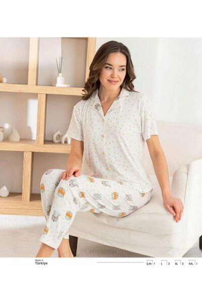 İpek Women's Short Sleeve Front Buttoned Polka Dot-Puffer Pattern Modal Ribbe...