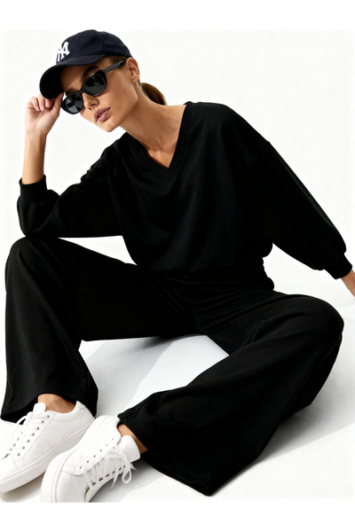 ALİKA Basic V-Neck Wide Leg Casual Stylish Top and Bottom Tracksuit Set