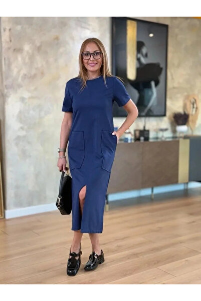 USLUCAN ALIŞVERİŞ Women's Short Sleeve Crew Neck Pocket Front Slit Viscose Tw...