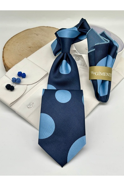 Gutiero Navy Blue Polka Dot Classic Tie with Handkerchief