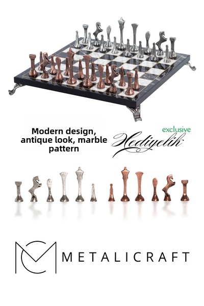 Metalicraft MC54 - طقم شطرنج معدني - رقعة شطرنج بنمط رخامي مقاس 25 سم - أحجار...