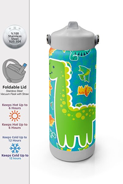 Coral High ترمس فولاذي قابل للطي بنمط ديناصور أخضر وأزرق مع غطاء 650 مل 38395