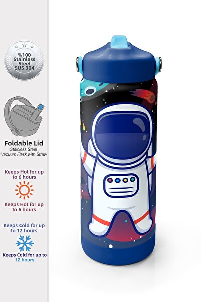 Coral High Saks Navy Blue Astronaut Patterned Steel Thermos with Folding Spou...