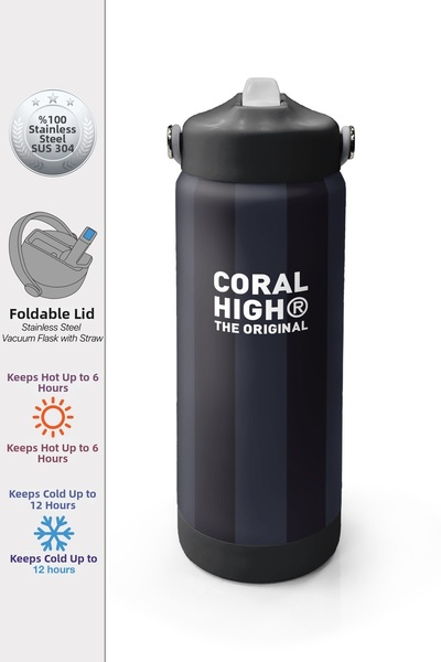 Coral High Black Striped Patterned Steel Thermos with Folding Spout 650 ml 38318