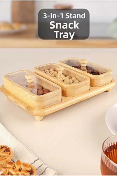 Home 3-Piece Bamboo Snack Bowl with Stand - Coffee Side Serving Bowl with Lid...