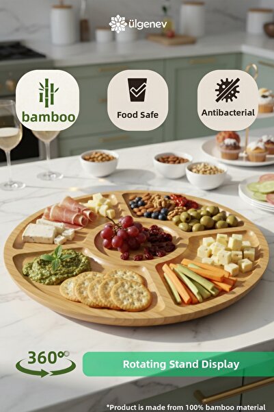 Ülgenev 100% Bamboo Presentation Plate with 360 Degree Rotation - 5-Compartme...