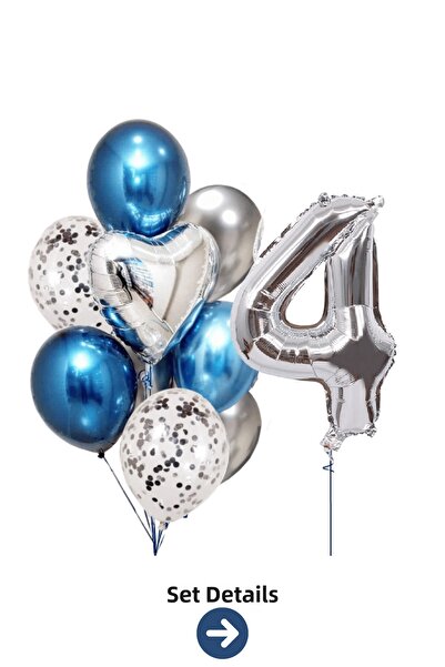 Bunloon 4 Year Old Silver Number Blue Silver Balloon Set