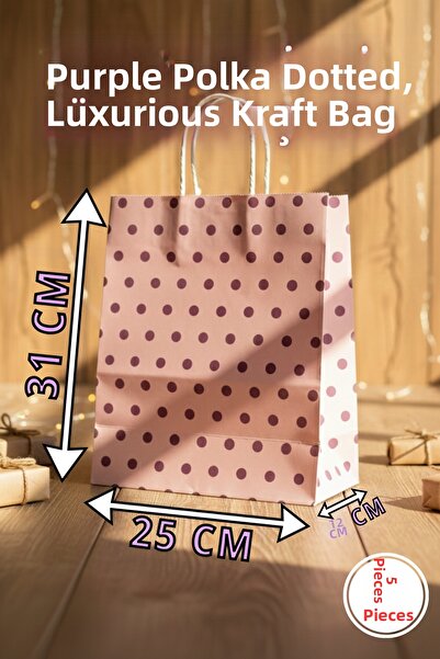 Pusula Marketim حقيبة كرافت بنفسجية منقطة بمقبض حلزوني - حقيبة هدايا