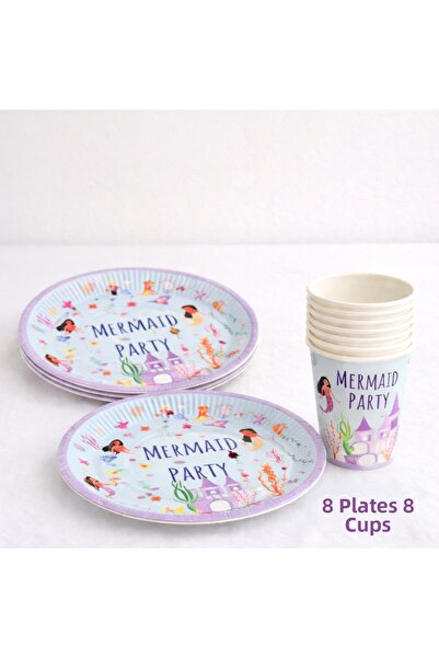 Partifabrik Mermaid Themed Cardboard Plates and Cups 8 Plates 8 Cups