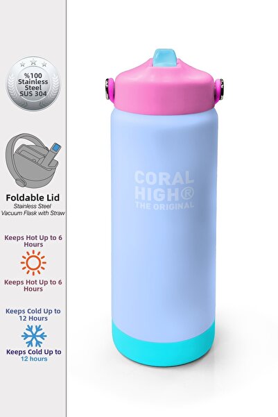 Coral High Colorful Ice Blue Patterned Steel Thermos with Folding Spout 650 m...