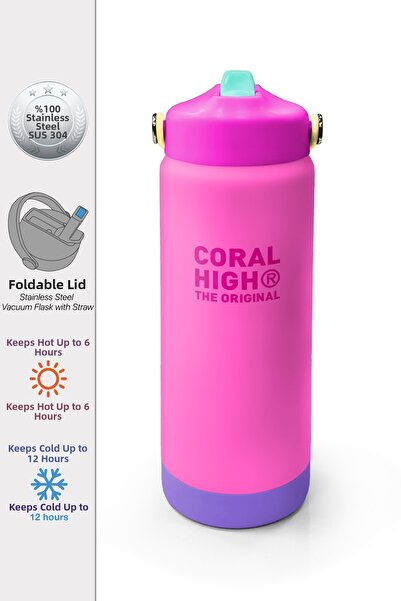 Coral High Colorful Pink Lilac Patterned Steel Thermos with Folding Spout 650...