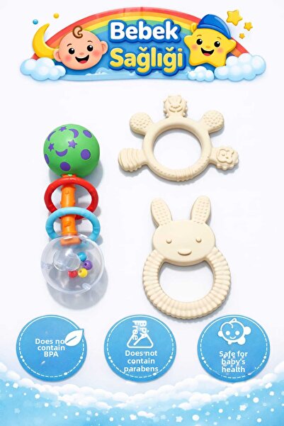 CKM silikon 3-Piece Baby Teether Set (Finger + Rabbit + Galaxy Rattle)