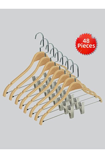 NYN خطاف خشبي 8061 من لاما نيكل فضي لتعليق الملابس والبلوزات والتنانير 48 قطعة