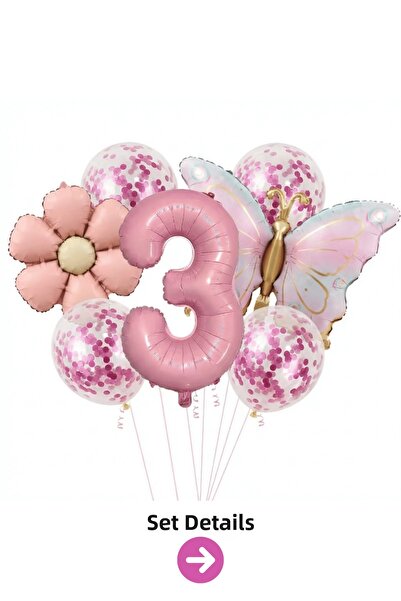 Bunloon 3 Year Old Pink Number Butterfly Daisy Balloon Set