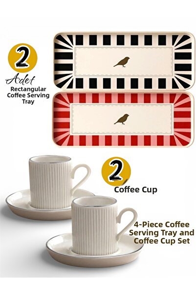 Dem Home 4 Piece Cup and Rectangular Plastic Coffee Presentation Tray with Bi...