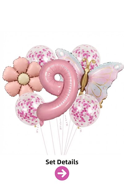 Bunloon 9 Year Old Pink Number Butterfly Daisy Balloon Set
