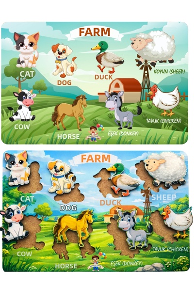 Minçu Toys اللغة التركية والإنجليزية، حيوانات المزرعة، لعبة تعليمية خشبية، لع...