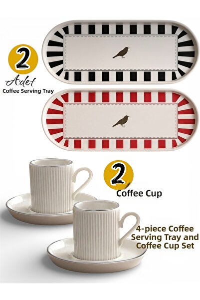 Dem Home 4 Piece Cup and Oval Plastic Coffee Presentation Tray with Bird Patt...
