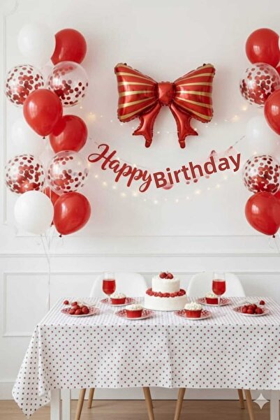 DÜVENCİ TİCARET Σετ μπαλονιών γενεθλίων με κόκκινο φιόγκο και μπαλόνια από αλ...