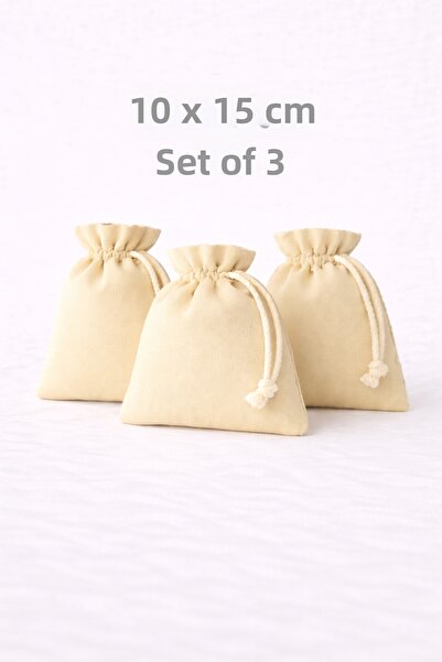 ALASEREN 10X15 cm Velvet Textured Drawstring Cream-Colored Pouches, Set of 3 ...