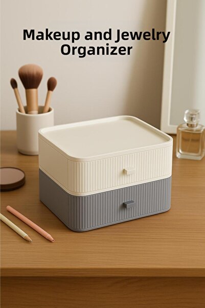 Mustran 2 Tier Drawer Makeup Organizer & Multipurpose Organizer Gray White