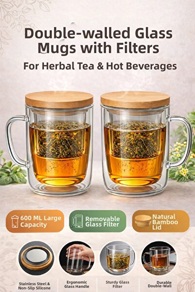 Berdina Home 2-Piece Glass Mug Set with Strainer, Double Wall Heat Insulated ...