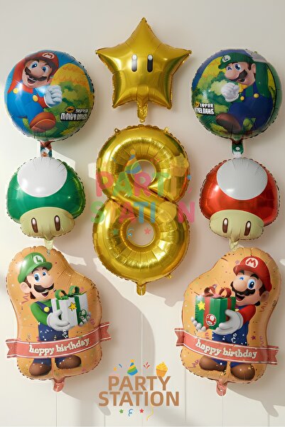 Parti Station Super Mario Balloon Set 8 Years Old - 8 Piece Foil Birthday Bal...