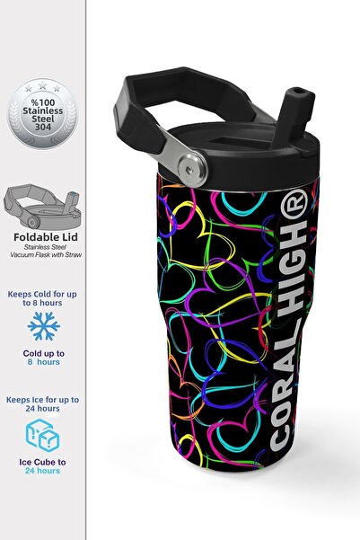 Coral High Multi-Colored Heart Patterned Steel Thermos with Folding Spout 600...