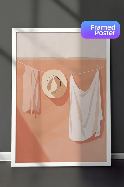 Zestia Pictură de perete înrămată albă, în tonuri de bej, cu haine agățate, d...