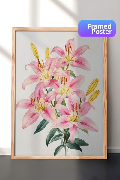 Zestia Tablou de perete cu ramă din lemn, flori de crin roz, ilustrație botan...