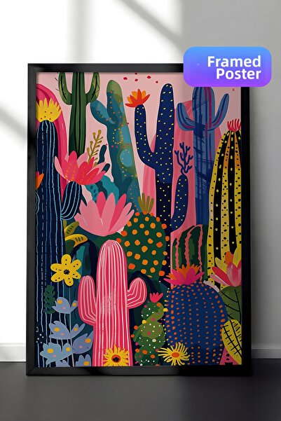Zestia Pictură murală înrămată în negru, compoziție botanică vibrantă cu cact...