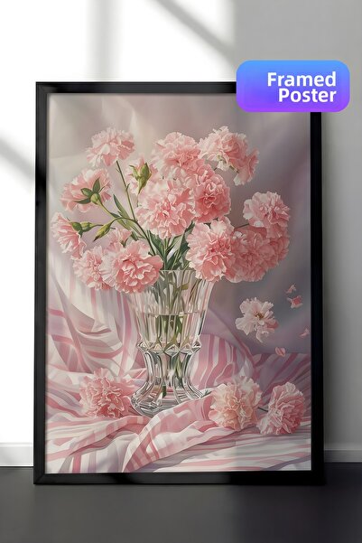 Zestia Pictură de perete înrămată în negru Flori roz în vază Aranjament decor...